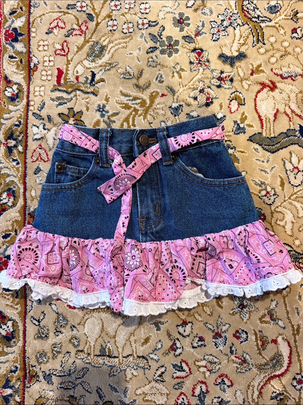 Girls' Denim Skirt with Pink Bandana Ruffle
